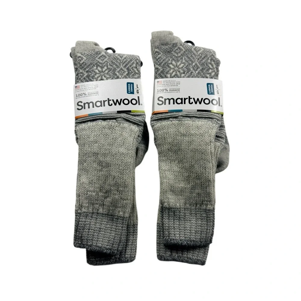 Smartwool Snowflake Flurry Wool Crew Socks Grey Natural Heather Large NWT LOT 2